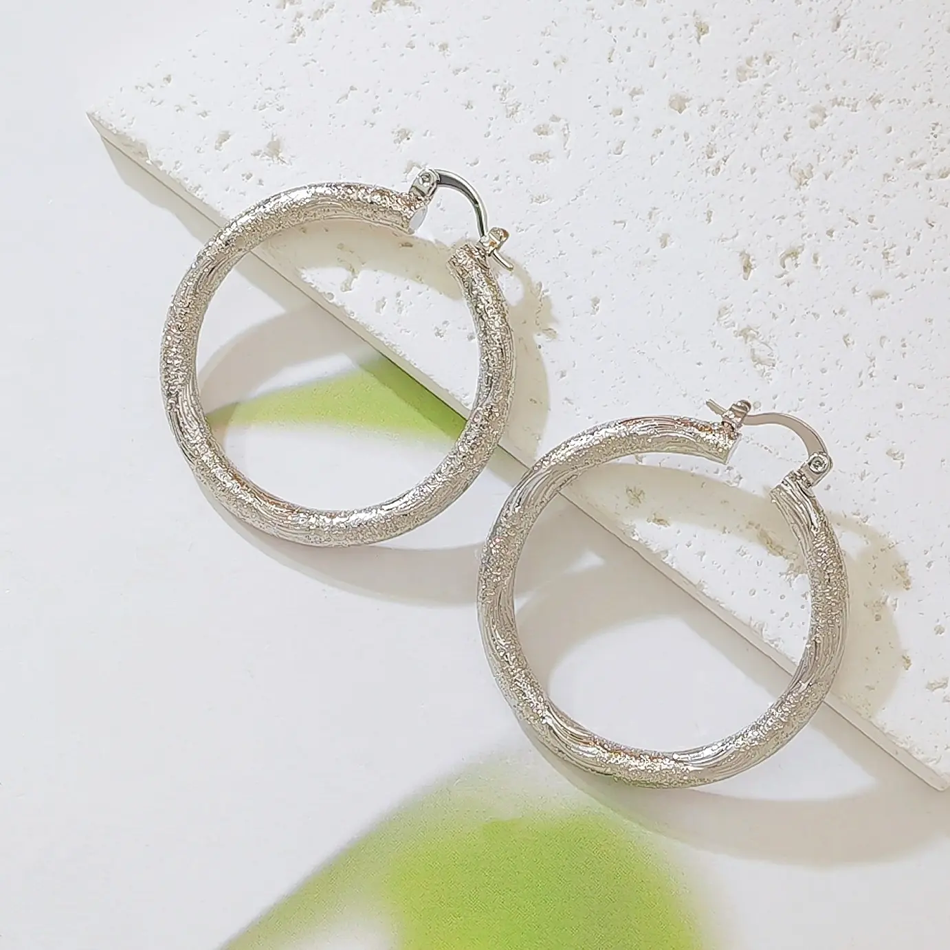 Silver Plated Frosted Hoop Earrings Vintage Stardust Textured Chunky Huggie Statement Studs Geometric Ear Rings Birthday Gift for Women Teen Girls