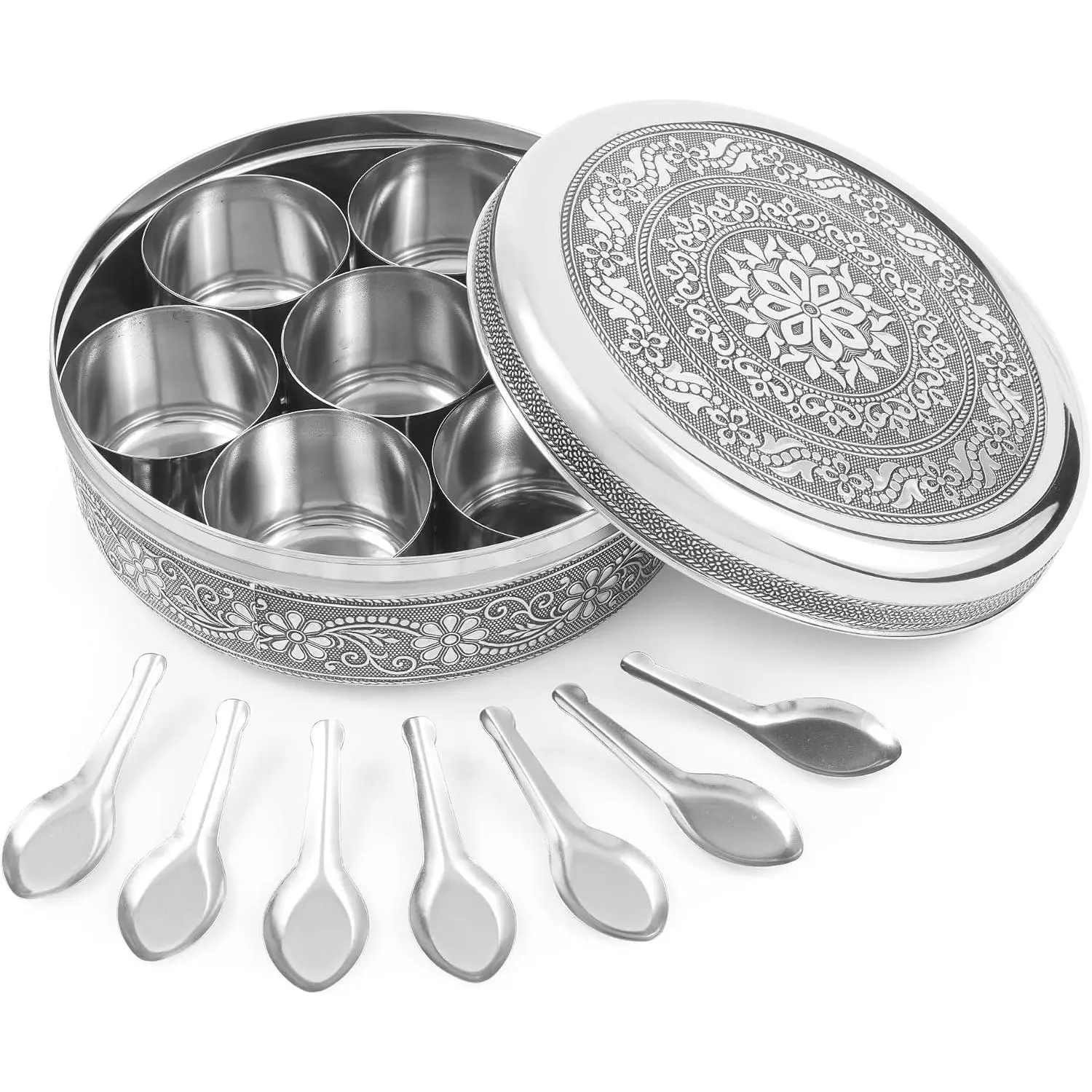 Designer  Container Masala Dabba, 7  Jars, Holds 7 Spices,  Container Box, Polished Stainless Steel with 7 Serving Spoons, Indian Masala Dabba with Lid, 8 Inch