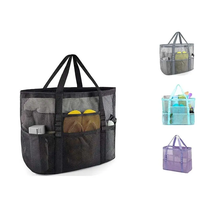 Large Mesh Beach Tote Bag With 9 Pockets Waterproof Inner Zipper Pocket Oversized Lightweight Pool Bag Multi Compartment Sandproof Shower Gym Bag Shoulder Handbag For Travel Swimming Picnic
