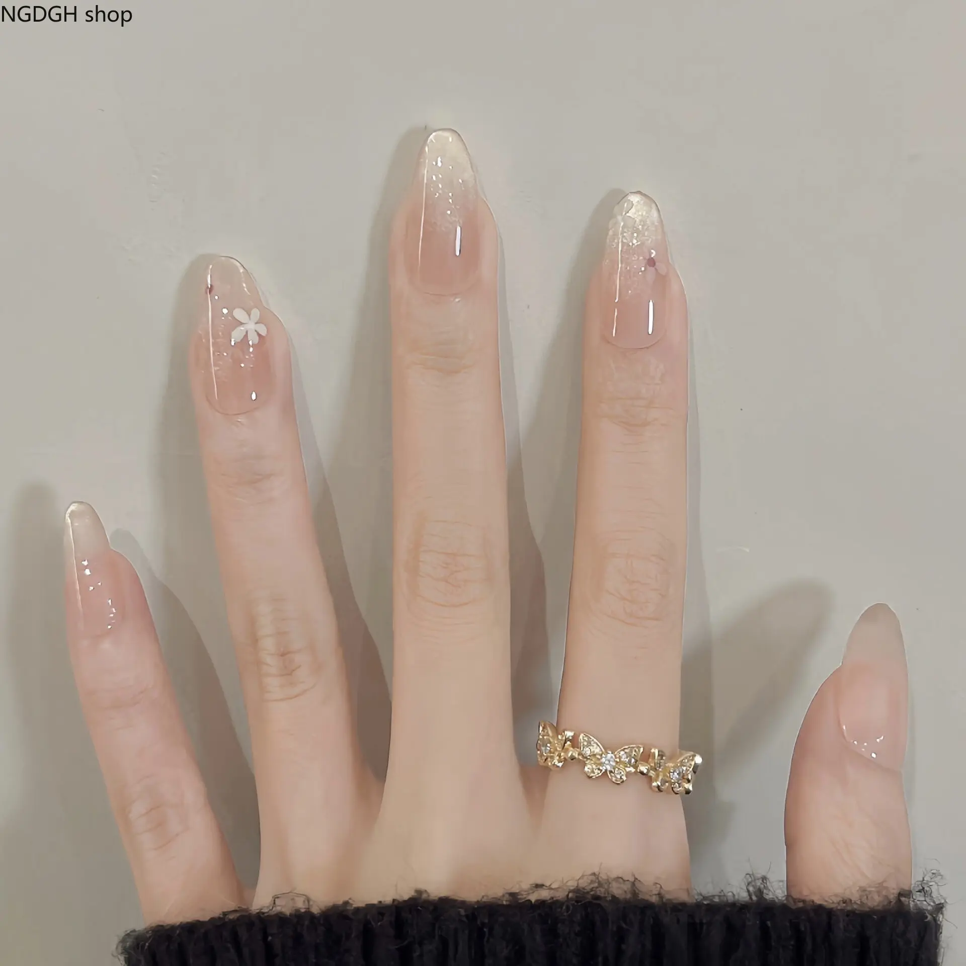 Long Nails - Flower Glitter Butterfly Press On Nails Transparent Long Almond Clear 3D Floral Glam Fake Nail Art Kit for Women Girls
