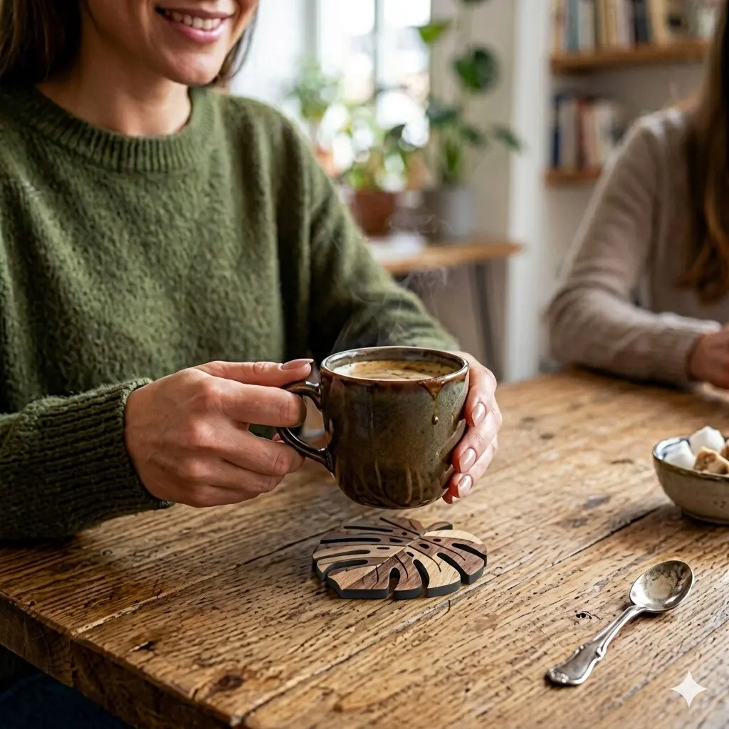 8pcs Wooden Monstera Leaf Coasters, Wood Coaster Set, Desktop Hot Drink Mats, Ideal Gift, Enhance Coffee Aesthetics, Perfect Rustic Touch for Home Decor