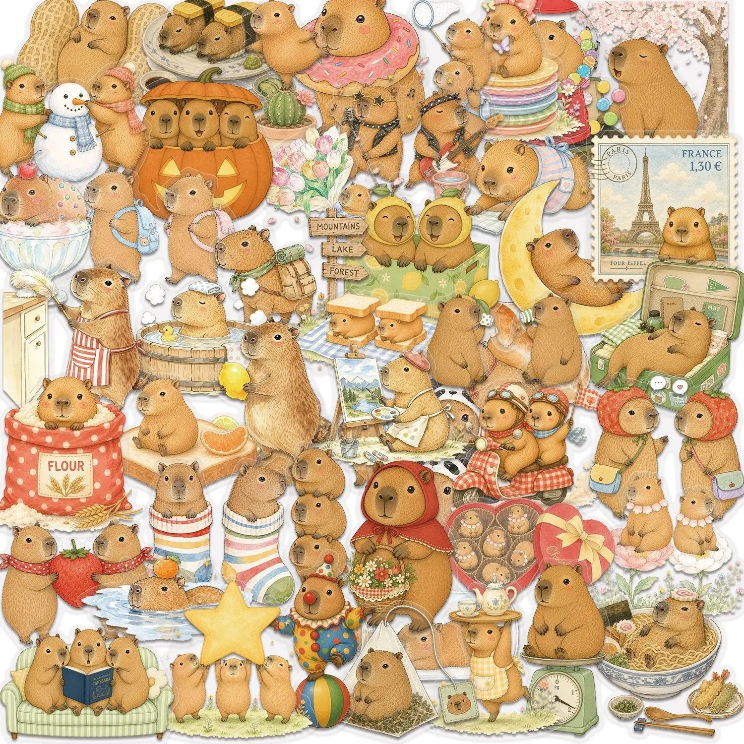 50 Cute Capybara Sticker Pack, Waterproof Transparent Pet, Journal Decor, Guitar Notebook DIY, Flat Stickers, Creative Craft Supplies