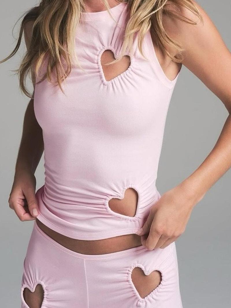 Two-piece Set, Casual Lounge Set Women's Heart Shaped Hollow Out Tank Top & Pants, Casual Cozy Breathable Slim Clothing Set for Daily Outdoor Wear, Ladies Clothes for Spring & Fall, Vacation Sets, Summer Outfits Set