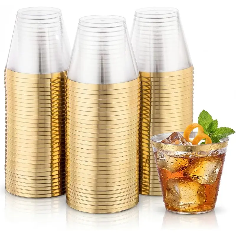 200Pcs 9OZ Clear Cups |   Plastic Disposable Cups with Gold Trim, Heavy Duty & BPA-free for Party, Wedding, Reception