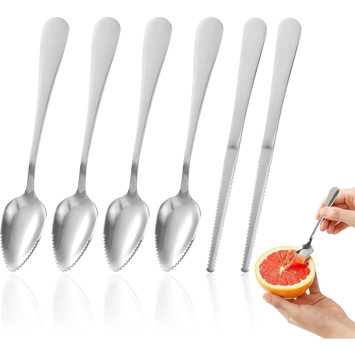 6PCS Corrosion-Resistant Stainless Steel Grapefruit Spoons - Curved Serrated Blade, Shaped Handles, Synthetic Cutlery Set for Citrus, Dessert Kitchen Tableware Tool
