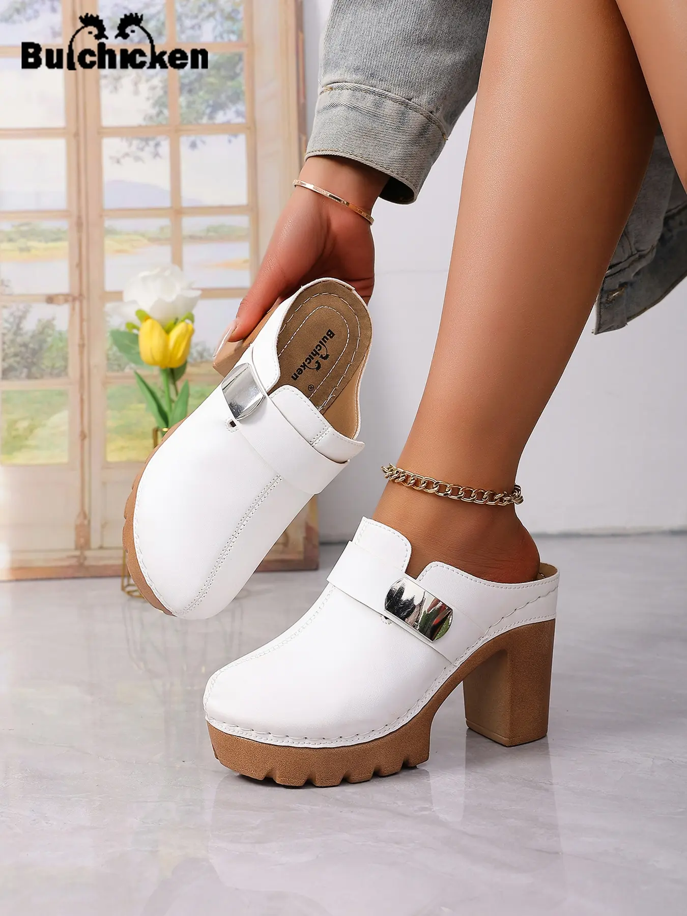 New Arrival Summer Women's Super High Heel Mules, Toe-closed Platform Shoes, Thick Sole Mules, Block Heel Mules, Chunky Heel Comfort Slip-on Footwear, Buckle Decor Fashion High Heel Sandals, Sexy Solid Color Plus Size Lightweight Women's Shoes