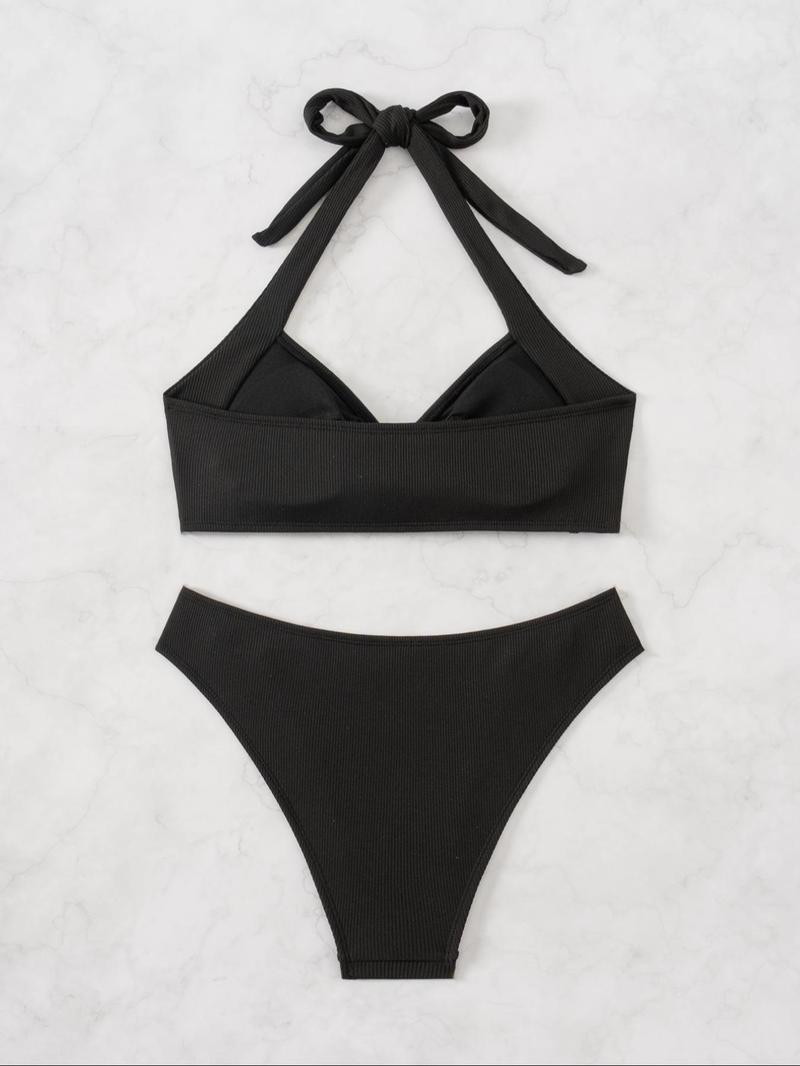 Women's Solid O-ring Knot Halter Bikinis Set, Casual Wireless Swim Top & High Cut Swim Bottom, Ladies Summer Swimwear for Beach Holiday Vacation, Swimsuit Style Bikini