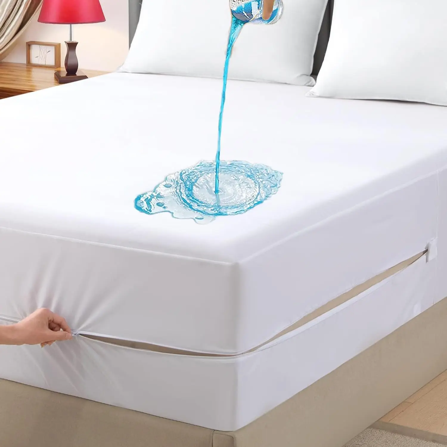 Queen Waterproof Zippered Mattress Encasement, Breathable, Noiseless, Machine-Washable Zipped Mattress Cover, Fitting 7" - 15" Deep Mattress