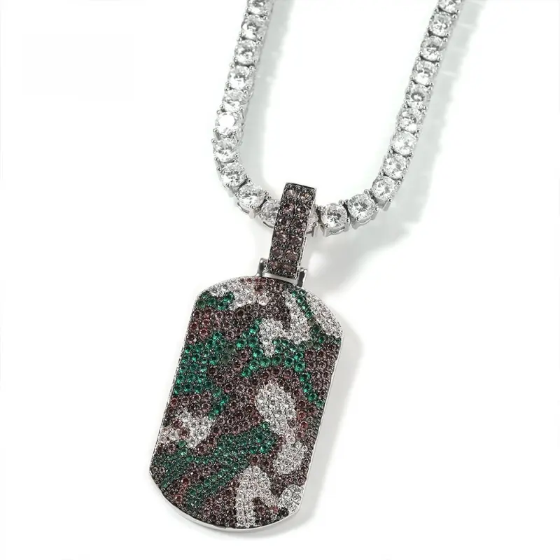 18K Thick Gold Plated Iced Out Military Dog Tag Pendant Necklace, Green Camo Geometric Necklace for Men, Tactical Outdoor Adventure Explorer Off-Road Style Jewelry, Hip Hop Rap Rock Streetwear Accessory, Bold Masculine Fashion, Luxury Gift for Boyfriend