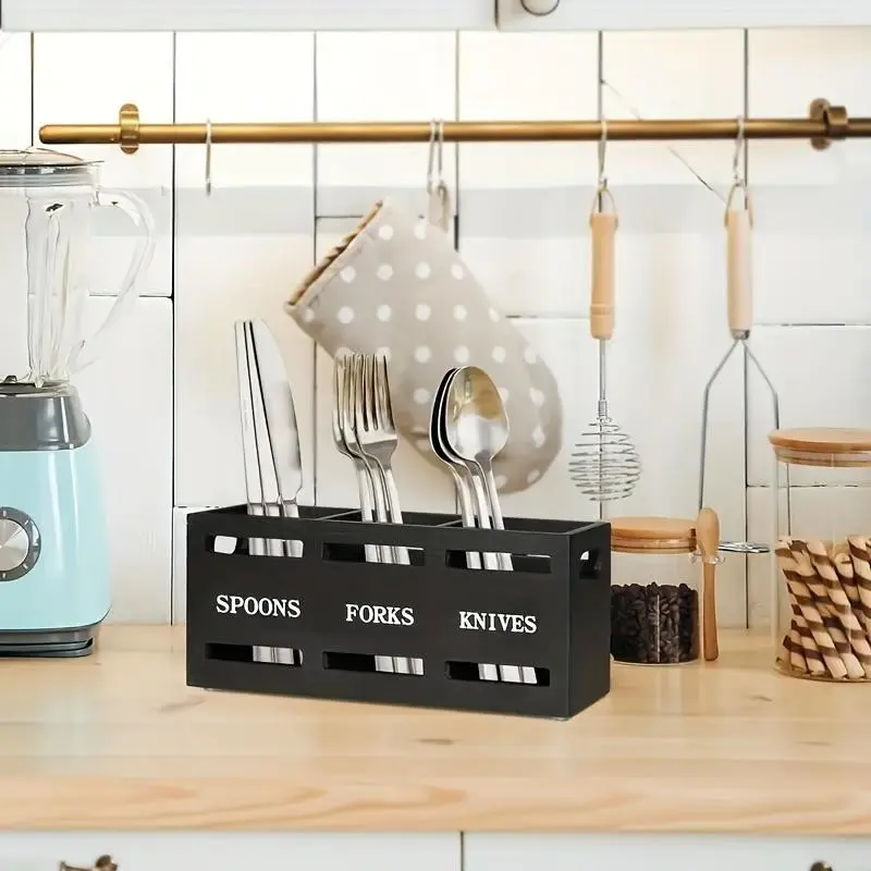 Wooden Kitchen Cutlery Storage Basket, Classic Utensil Holder with Strong Iron Handle, Durable Organizer for Spoons Knives Forks, Home Countertop Solution