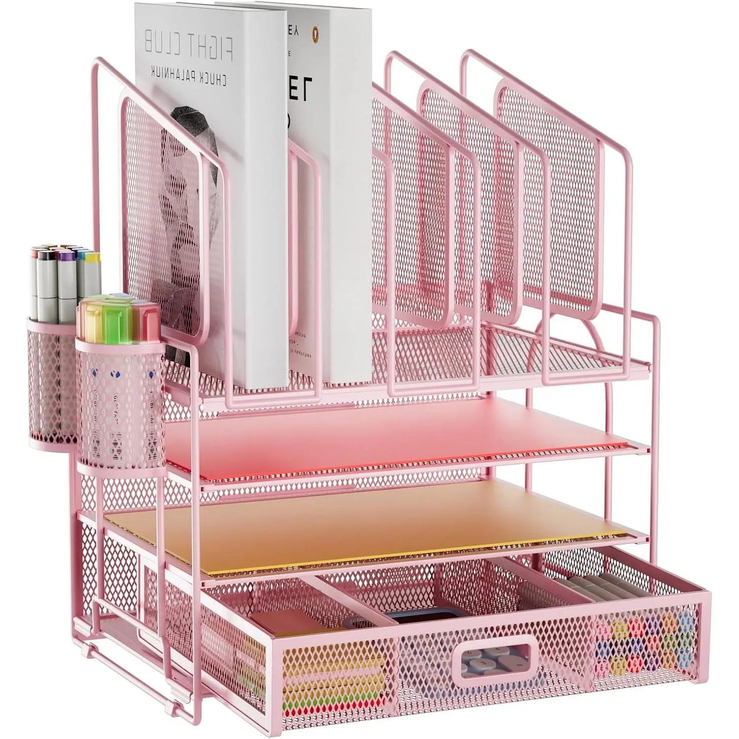 Desk Organizers, 4-Tier Mesh Desk File Organizer with 5 Vertical File Holders and 2 Pen Holders, Multifunction Desktop Organizer,Desk Organizers and Accessories for Home Office (Pink)