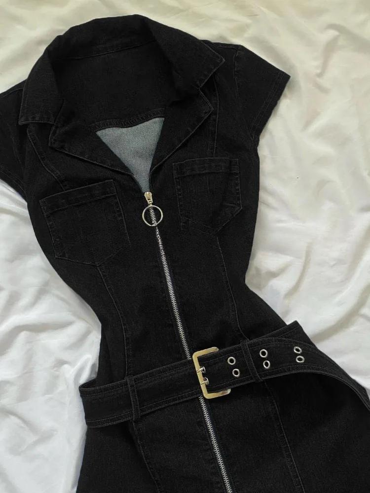 American Retro Black Denim Short Dress Women Summer Zipper Elegant Slim One Piece Dress Korean Fashion Design Casual Clothing American Retro Black Denim Short Dress Women Summer Zipper Elegant Slim One Piece Dress Korean Fashion Design Casual Clothing