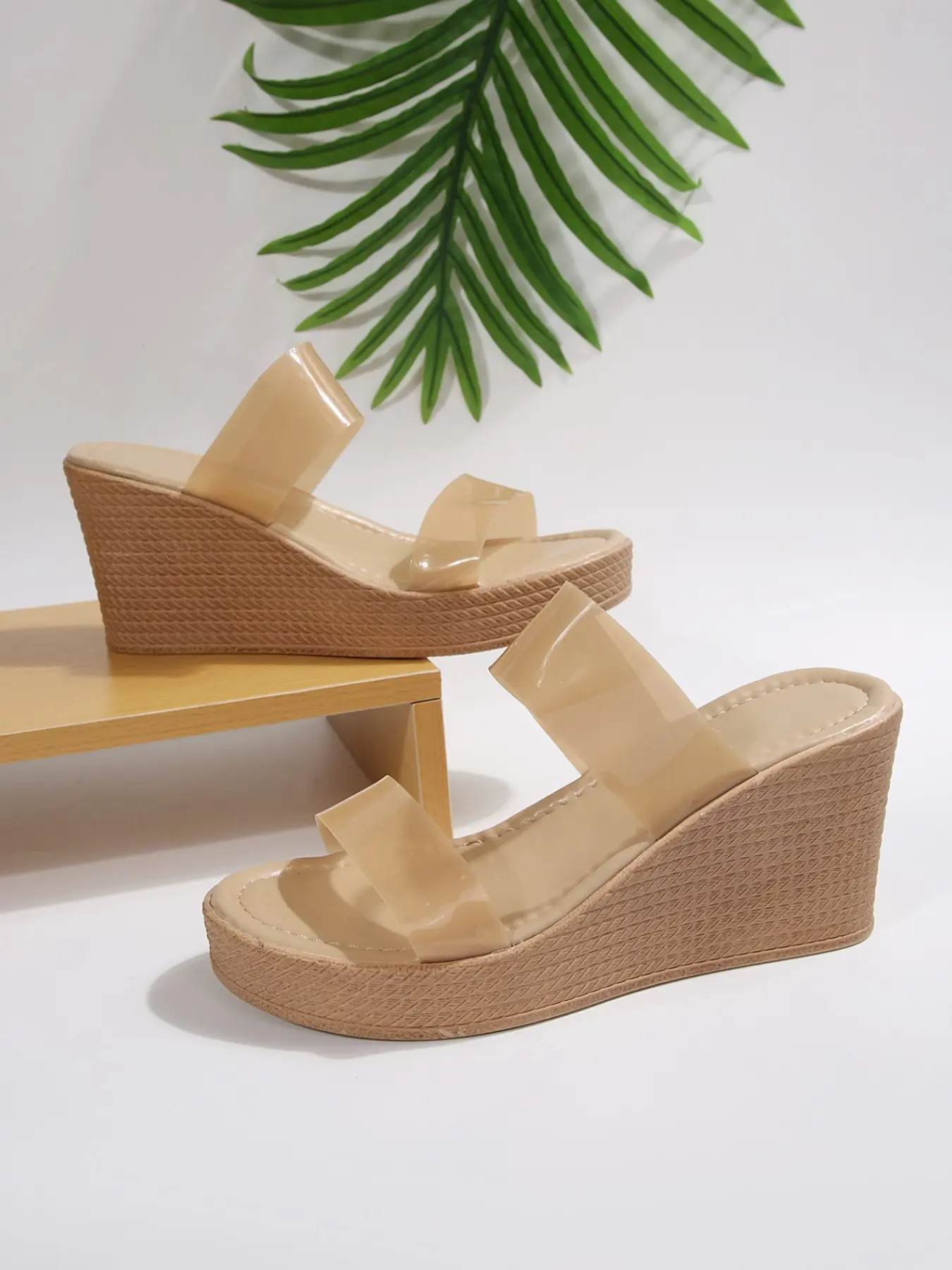 Women Two Clear Strap Wedge Slide Sandals, Open Toe Platform Slip On Wedge Mules, Summer Heeled Sandals for Beach Vacation Daily Street, Nude Apricot Available