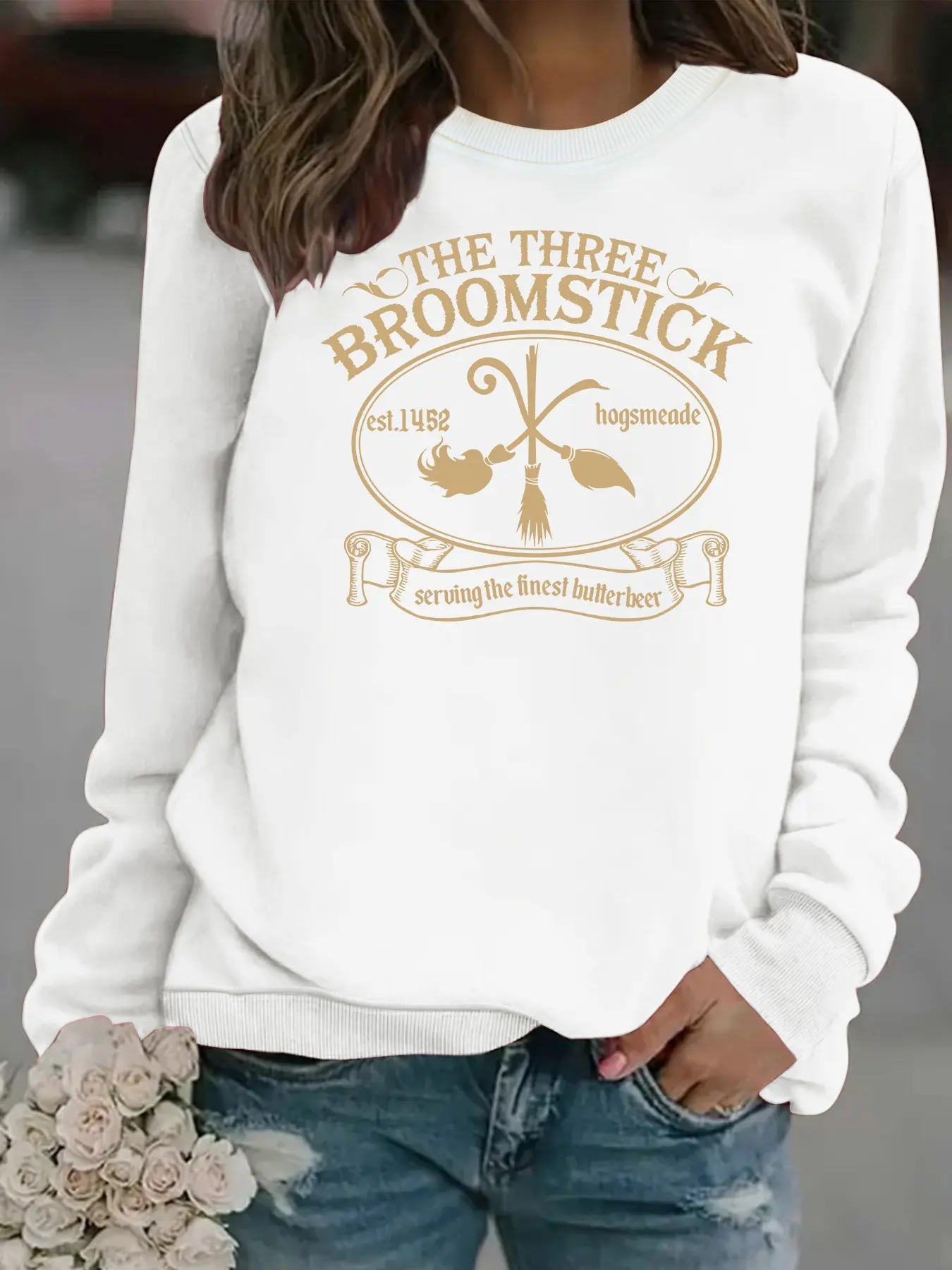 Women's Harry Potter Three Broomsticks Graphic Round Neck Fleece Sweatshirt, Casual Long Sleeve Loose Fit, All Season Comfort