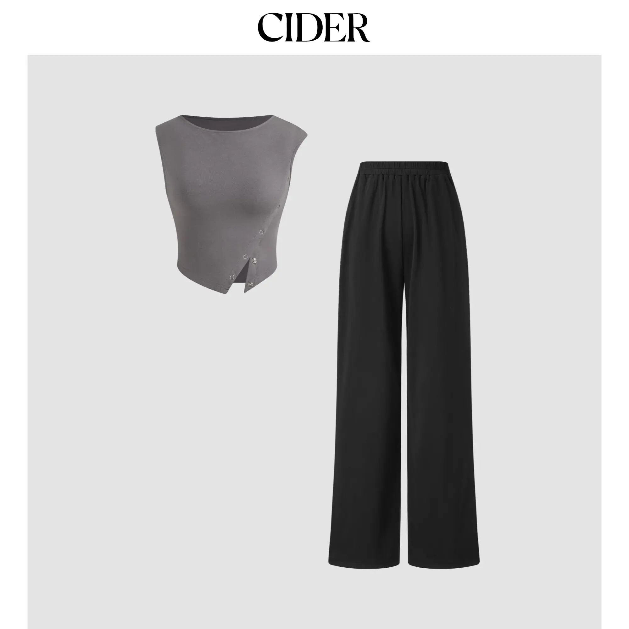 Cider [size 2-10] Round Neckline Solid Button Crop Tank Top & Mid Rise Elastic Waist Wide Leg Trousers Set