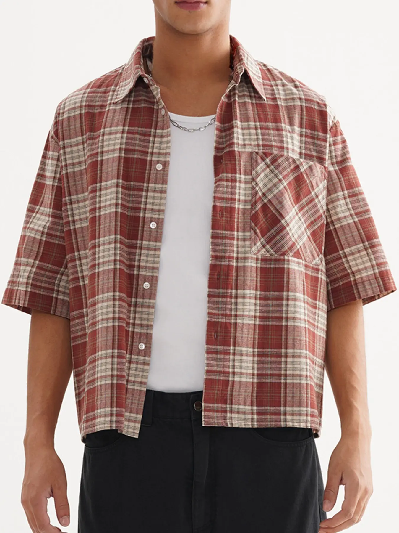 Men's Teenager Loose Plaid Checked Lapel Short Sleeve Shirt, Boxy Trimming Fashion Blouse, Casual Wear for Daily Use, Comfortable and Stylish Design