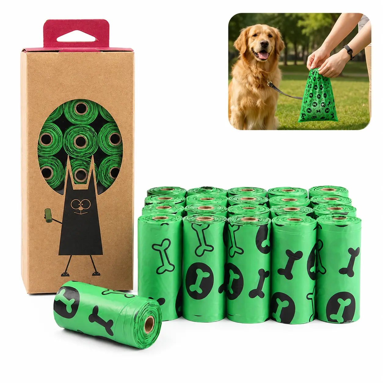 Biodegradable Dog Poop Bags - Thick, Tough, Leakproof, Multi-Color Bone Print Bags for Outdoor Dog Walking Waste Cleanup