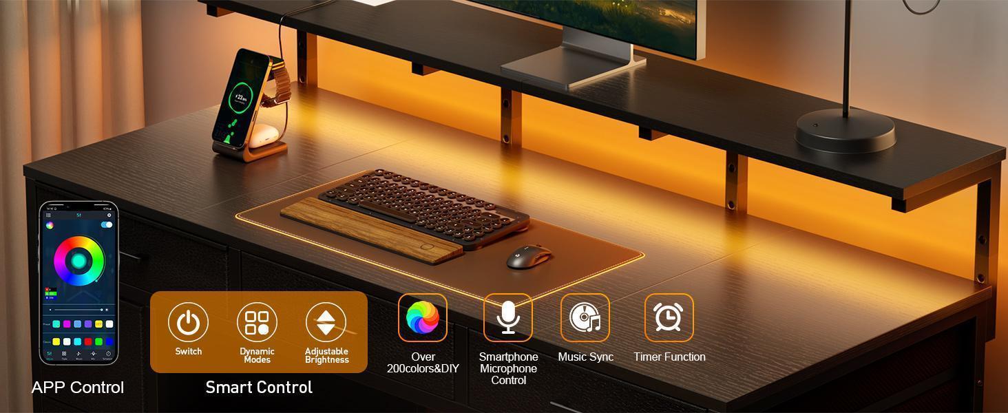 Ecofurnix,47 inch Computer Desk with 8 Storage Drawers, Gaming Desk with LED Lights & USB Power Outlets, Home Office Table with Monitor Stand, Study Writing Work Table for Bedroom Thicker Desktop Oval  Table Wood Workstation summerwins