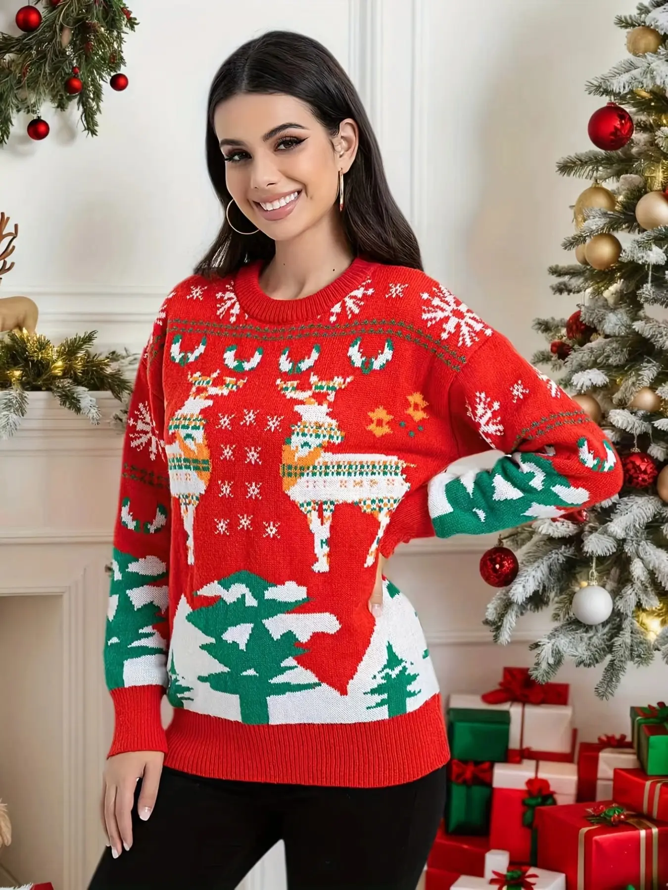 Women's Christmas Festival Fall Winter New Arrival, Warm Casual Reindeer Snowflake Pattern, Loose-Fit Knitted Top, Merry Christmas