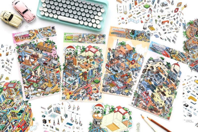 12 oversized scene stickers, fun scene themes, vintage style, PET white card dual materials, self adhesive, DIY journal decoration scrapbook notebook material sticker pack