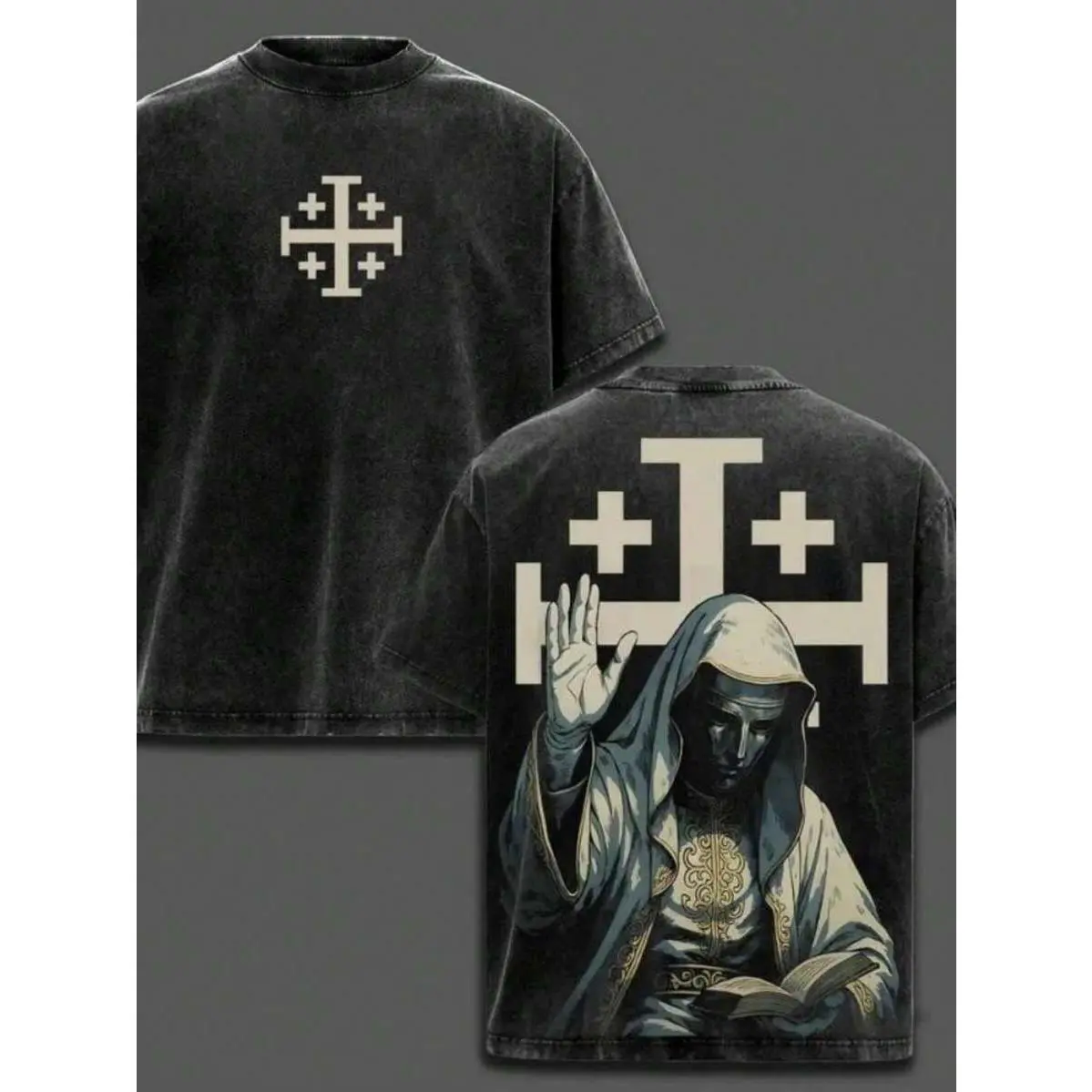 Women's Classic Seamless Short-Sleeve Cotton Round Neck Soft Washed Clothes - Baldwin IV Oversized Tee, Crusader Knight Artwork, Distressed Retro Fit Medieval Streetwear Essential