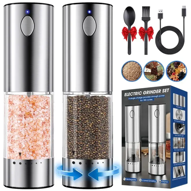 Pepper Grinder, 2/PCS, Rechargeable Salt and Pepper Grinder with 6 Adjustable Coarseness, LED Light, Automatic Grinder for Kitchen, Home and Kitchen Appliances Birthday Gifts for Women,Birthday Gifts for Women,Home Essentials