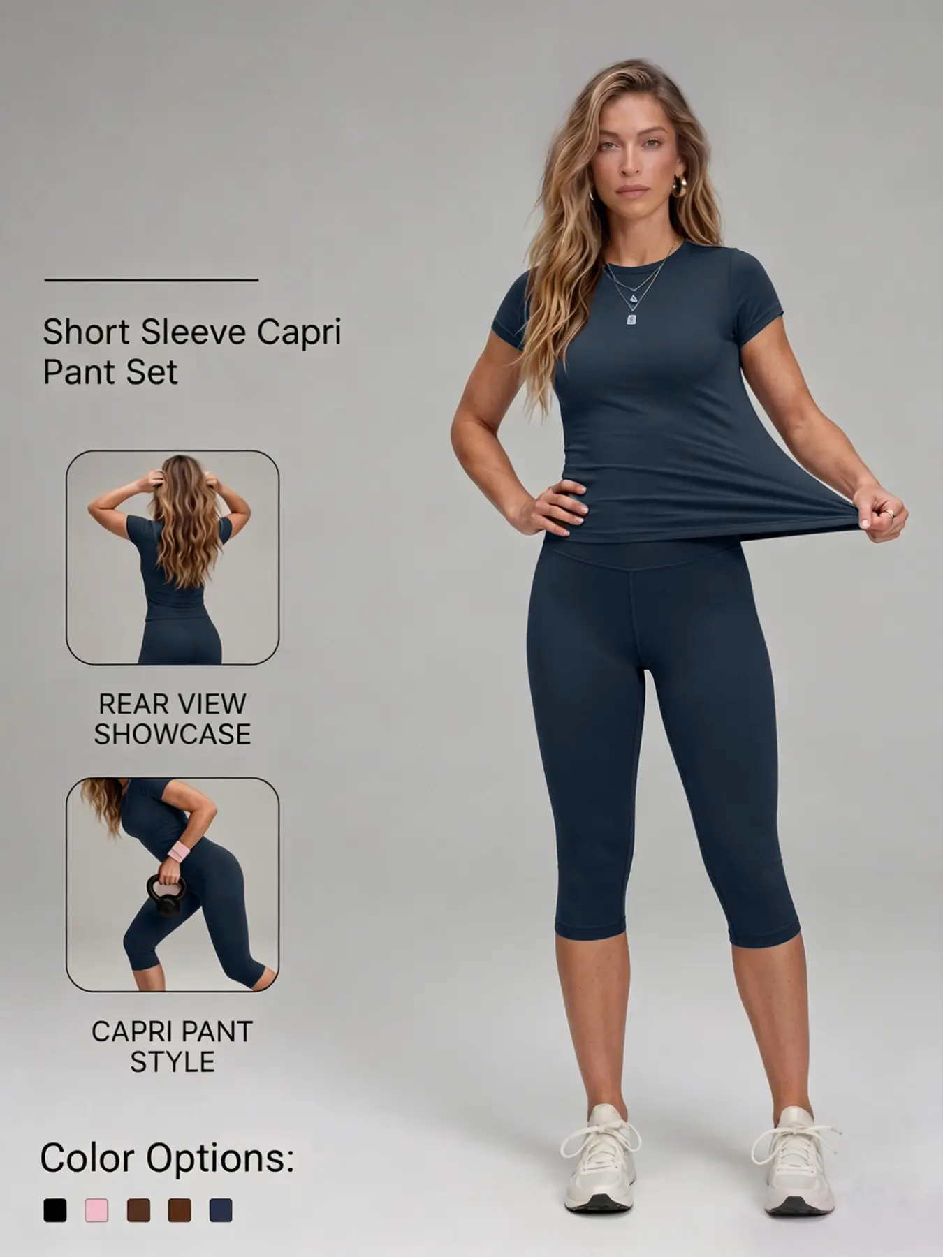 Women's Two-Piece Capri Sport Set, Short Sleeve Round Neck T-Shirt & High Waist Tight Pants, Yoga Fitness Wear, Summer Outdoor Sports