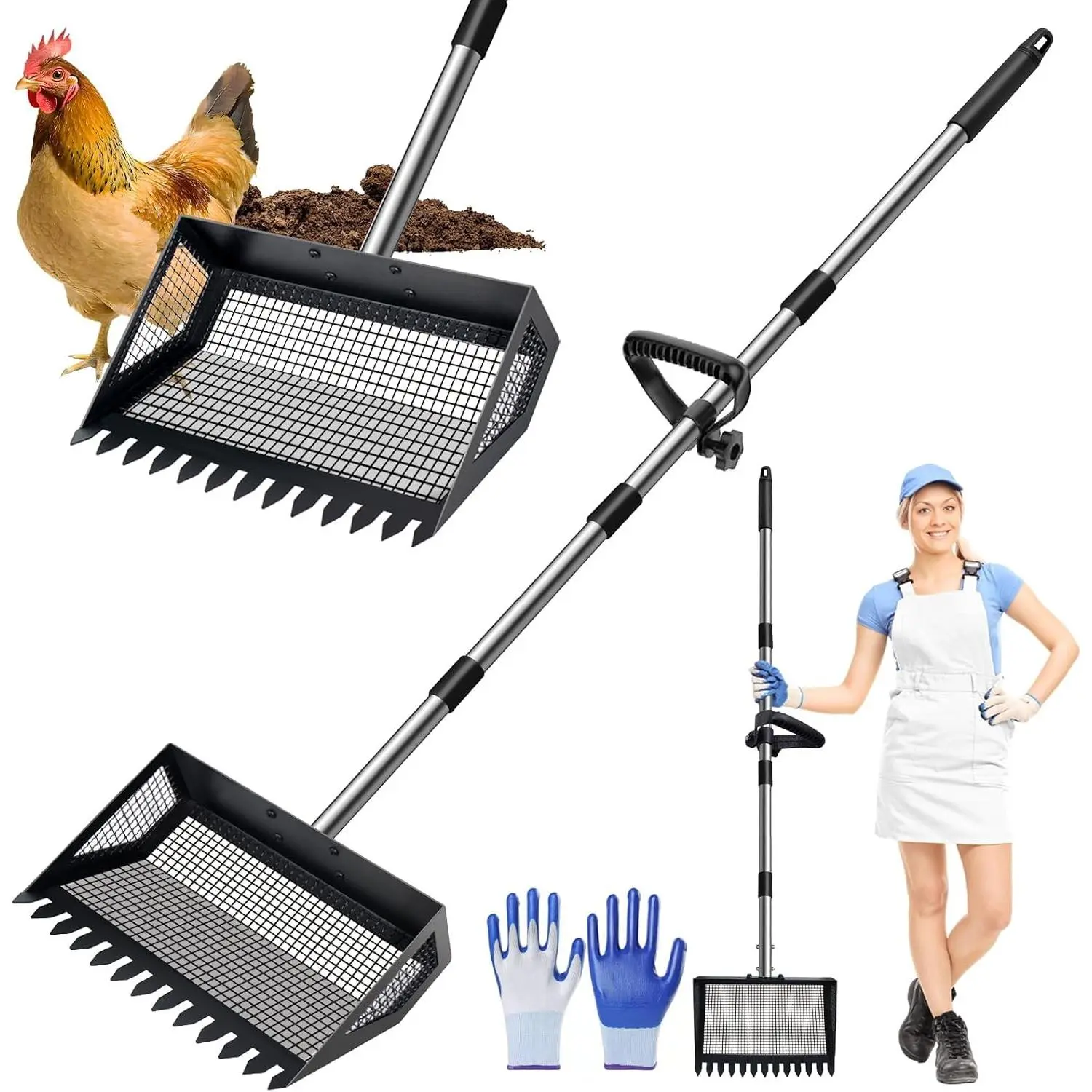 2-in-1 Chicken Poop Scooper & Rake, 32 to 68" Adjustable Stainless Steel Chicken Litter Scoop with Handle Glove for Chick Coop, Multifunctional Sifting Shovel for Hen Animals House