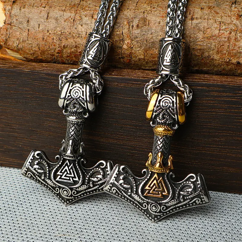 Viking Thor's Hammer Mjölnir Necklace - Stainless Steel Pendant with Valknut Symbol, Norse Mythology Amulet for Men, Vintage Gothic Wheat Chain Costume Jewelry
