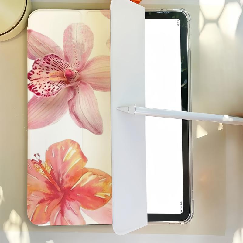 Pink Lily Foldable Flip Stand Pen Holder Anti-drop Protective Case for iPad mini Air Pro 10th 11th Gen Tablets Non-slip Adjustable Stand Flexible Hybrid Protection - Folding