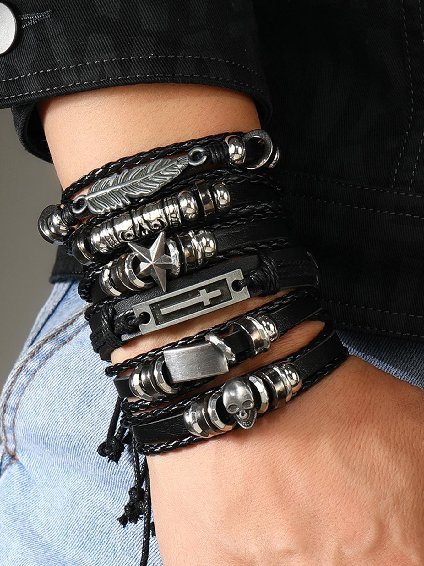 Men's Punk Style Leather Braided Bracelets, Vintage Beaded Bracelets, Fashionable Designer Jewelry for Party, Daily Clothing Decor, Trendy All-match & Exquisite Jewelry for Gift