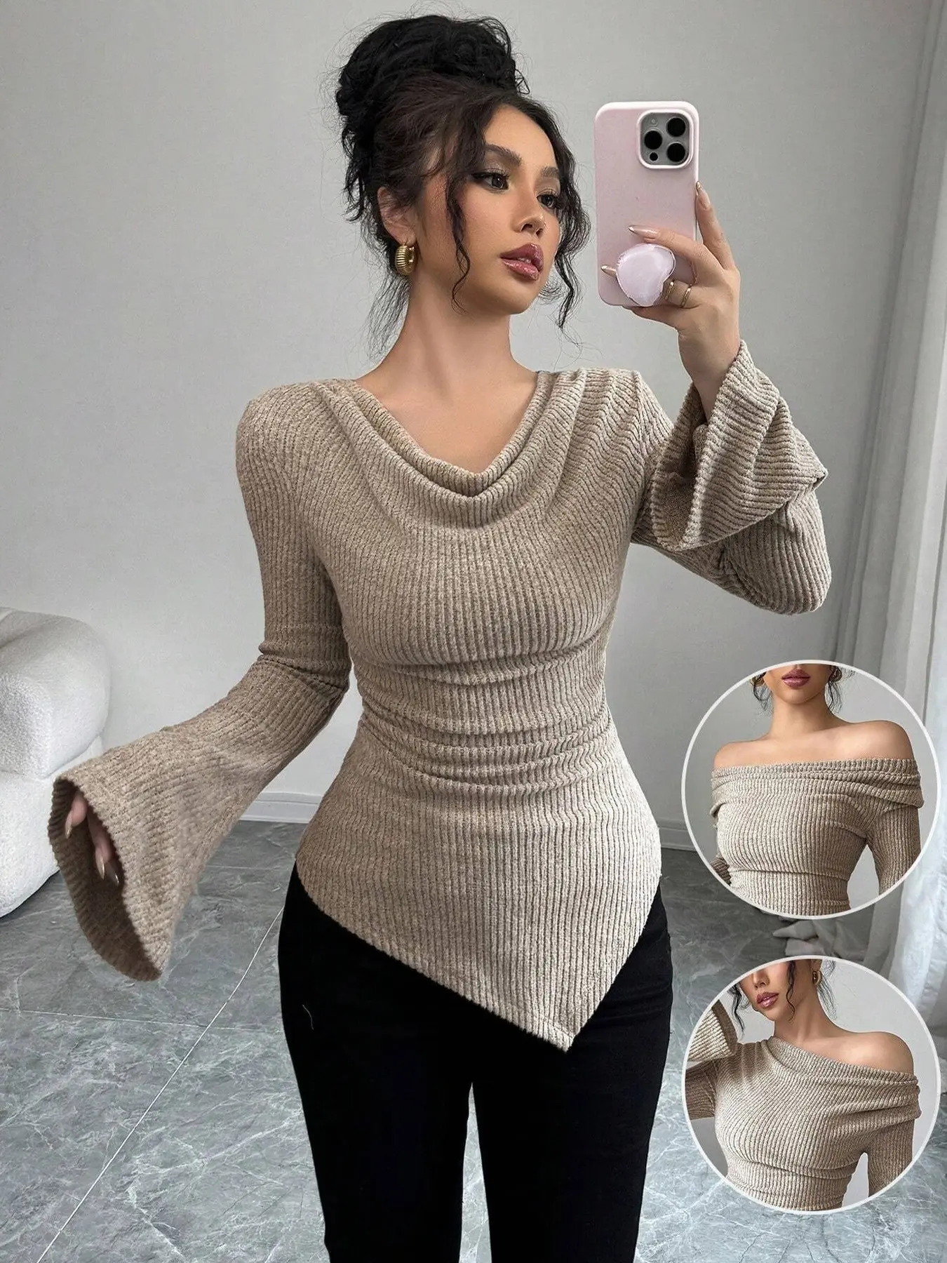 Women's Knitted Belted Waist Asymmetric Hem Flared Sleeve T-Shirt, Elegant Long Sleeve Top, Plain Surface, All Seasons