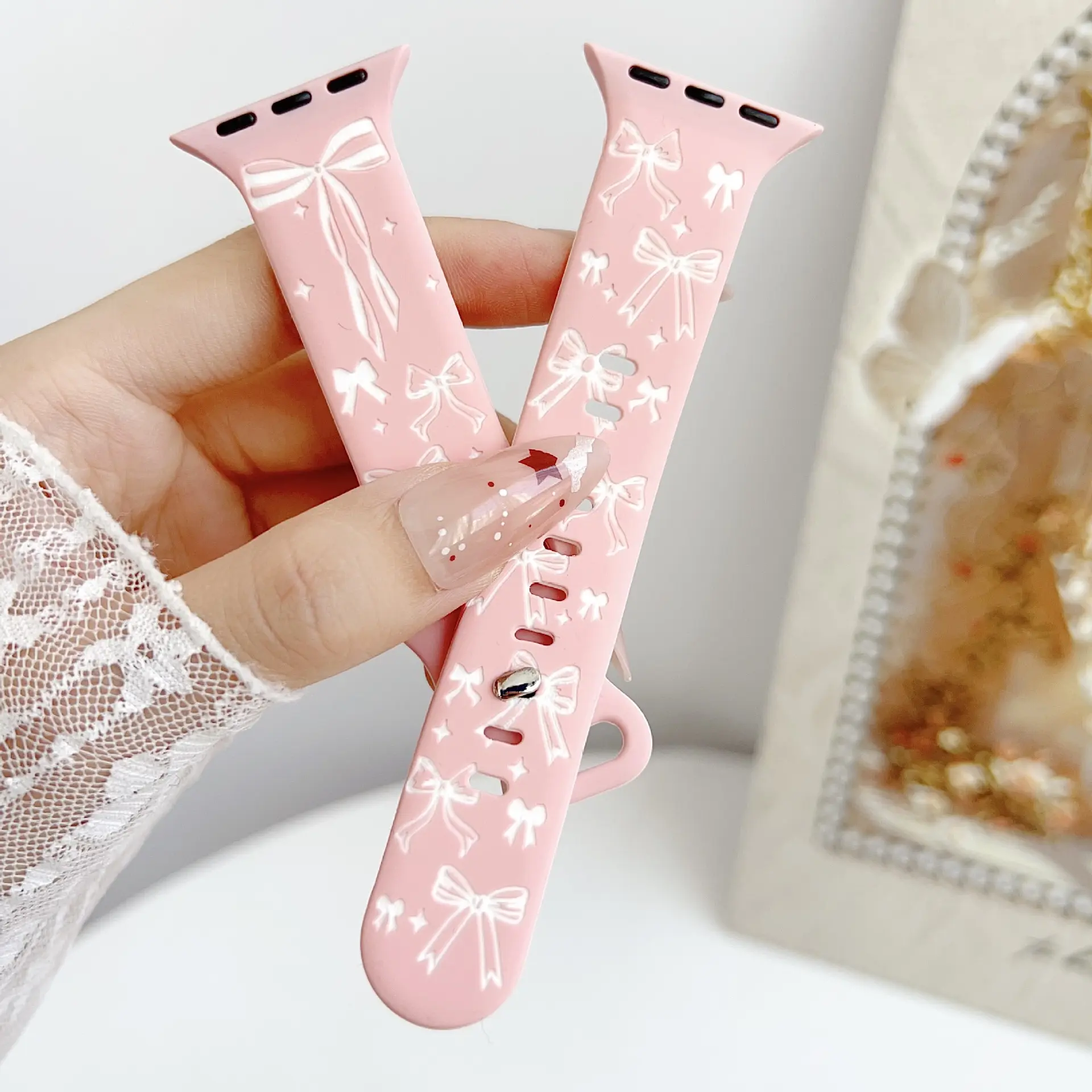 Coquette Silicone Watch Band in Light Pink, Balletcore Style for Women with Engraved Stars & Bows, Soft Wearable Replacement Wrist Accessory, Accessories, Polyester