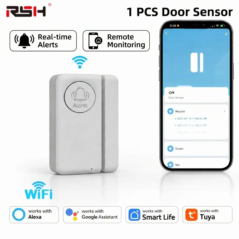 2.4g WiFi Smart Door Window Sensor, Tuya APP Control, 90db Alarm, Wireless Security Detector, Alexa & Google Assistant Compatible
