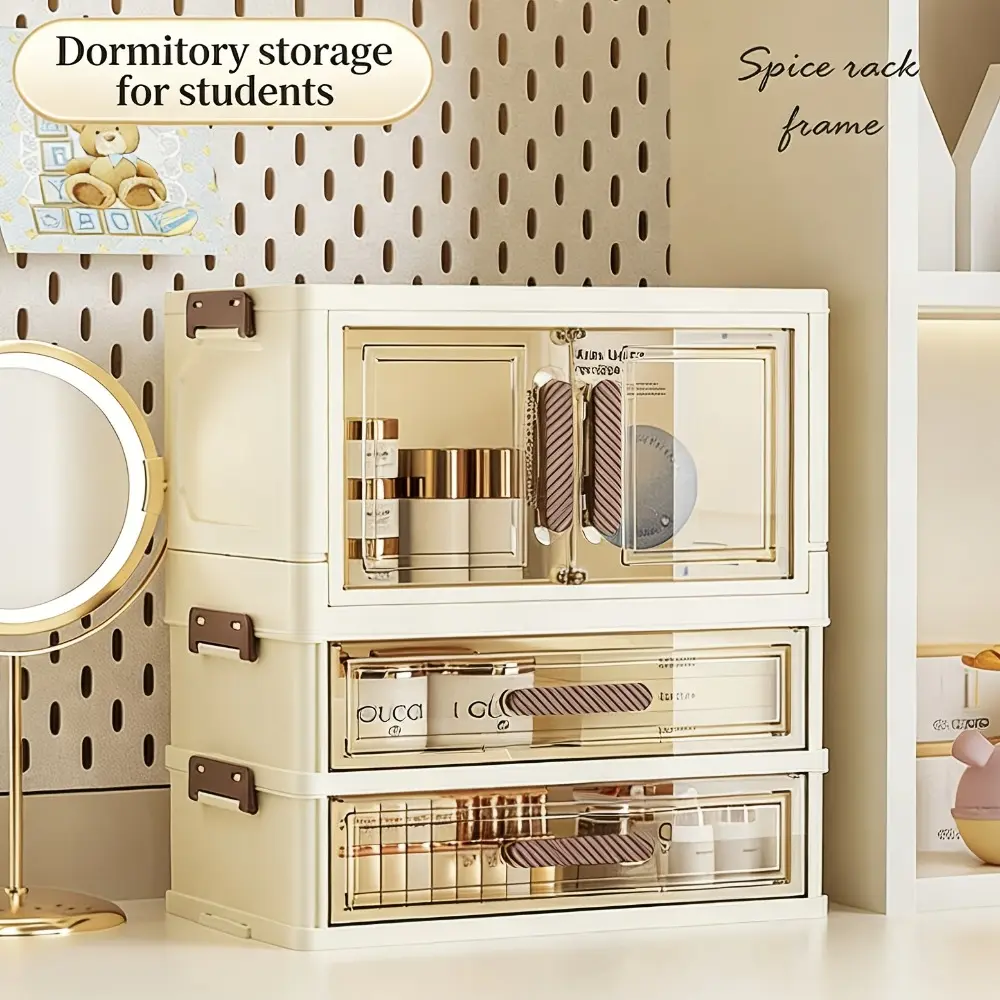 A stackable desktop organizer with drawers and compartments, ideal for storing cosmetics, beauty tools, jewelry, and school supplies in student dormitories. Equipped with a convenient self-closing door handle, Cosmetic Storage Organizer