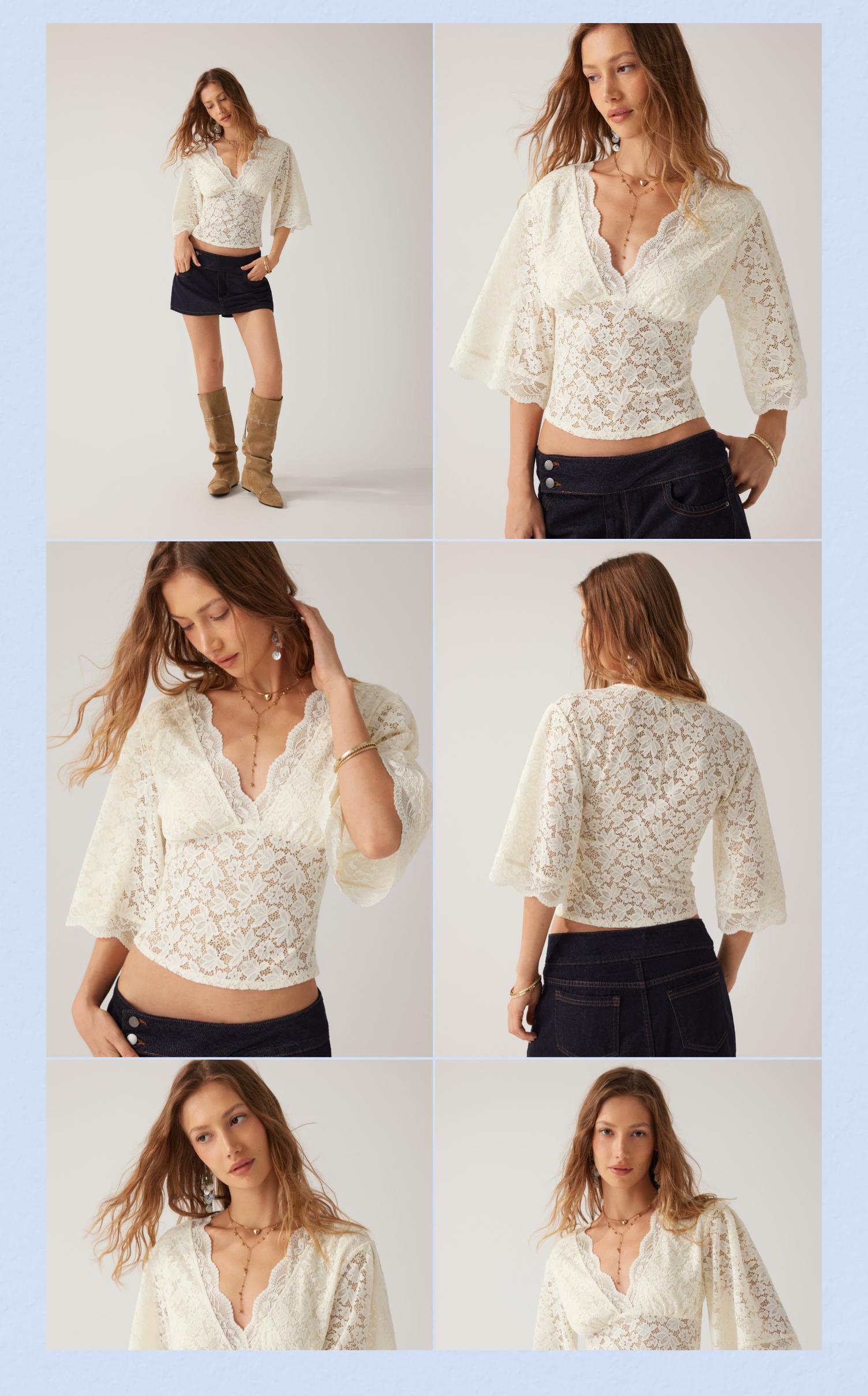 Cider V-Neck Guipure Lace Bell Sleeve Cropped Top