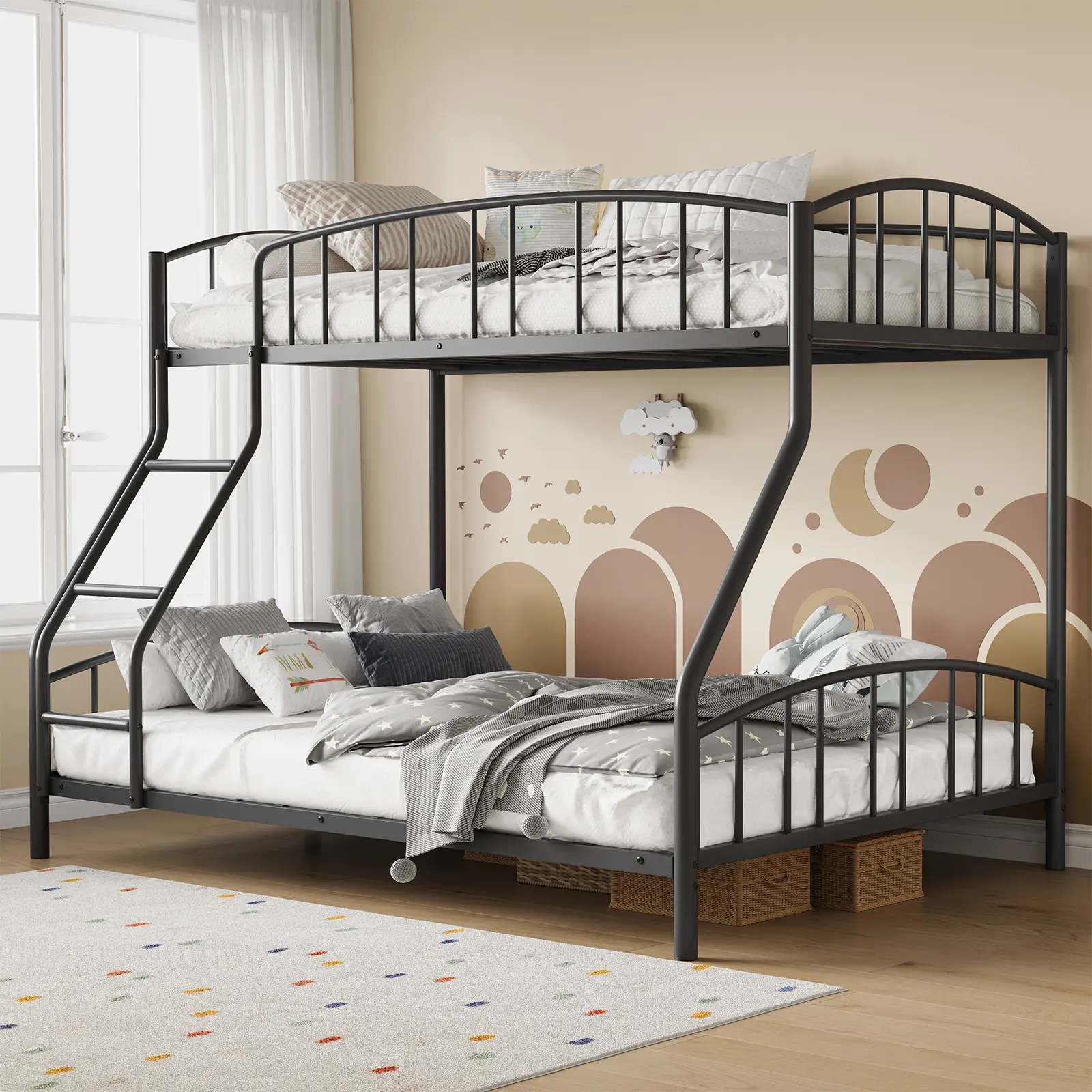 Metal Bunk Bed Twin Over Full – Heavy Duty Steel Frame with Arched Guardrail & Ladder – Space-Saving, No Box Spring Needed – Ships in Multiple Boxes