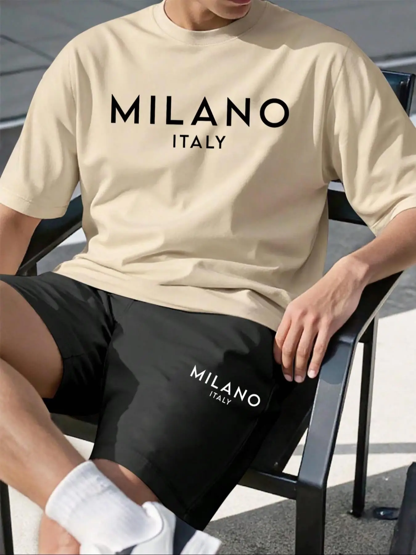 Men's Round Neck Tee and Shorts Set Outfit Menswear Fashion Summer Sportswear, Letter Print Tee and Drawstring Shorts, Casual Daily Wear, Men's 2 Piece Set