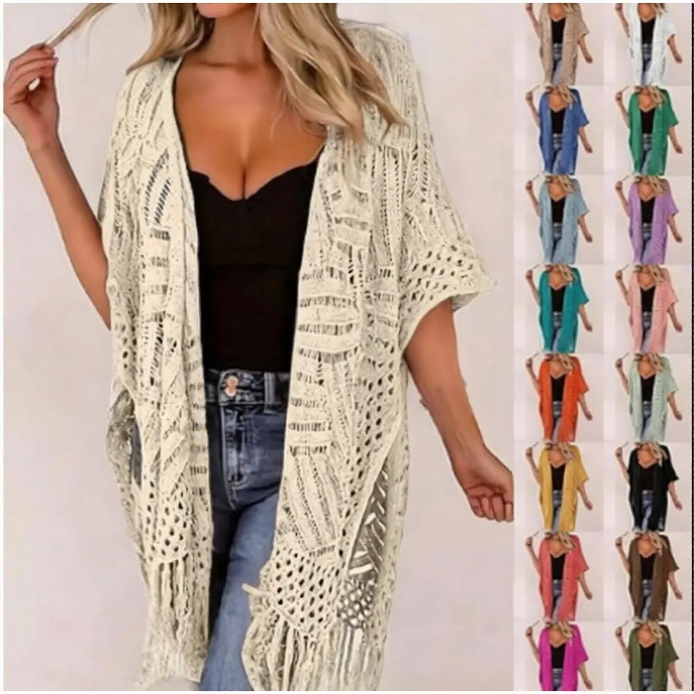 Women’s Plus Size Crochet Pattern Swim Cover-Up - Open-Front Fringe Trim Kimono, Semi-Sheer Lightweight Knit Fabric Beach Cardigan for Bikini, Pool, Summer Outfits, Beach Cover Ups
