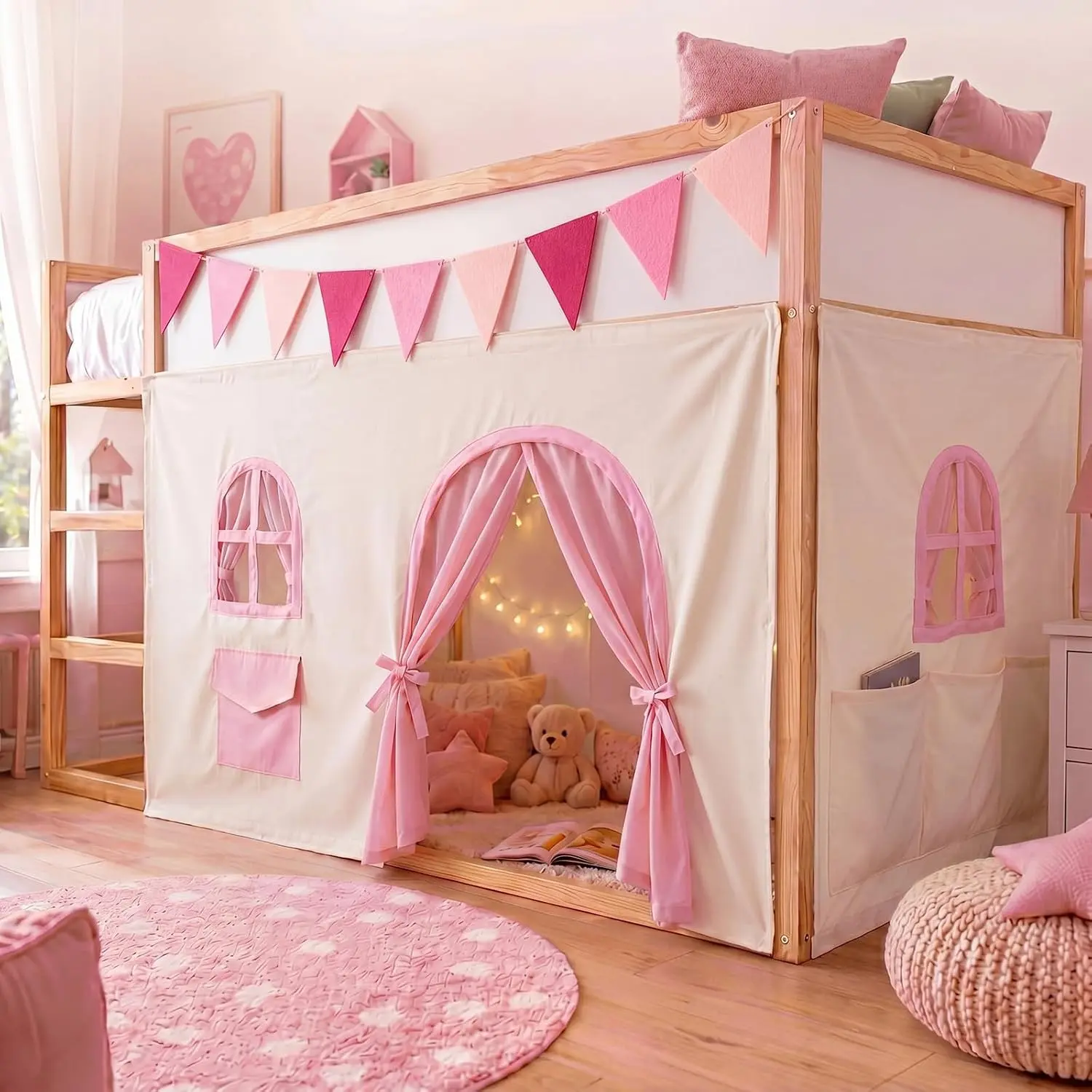 3-Panel Double-Layered Bunk Bed Curtains Set with Felt Flag - Magical Theme Bottom Loft Bed Tent, Bedroom Play Accessories for Kids (Beige)