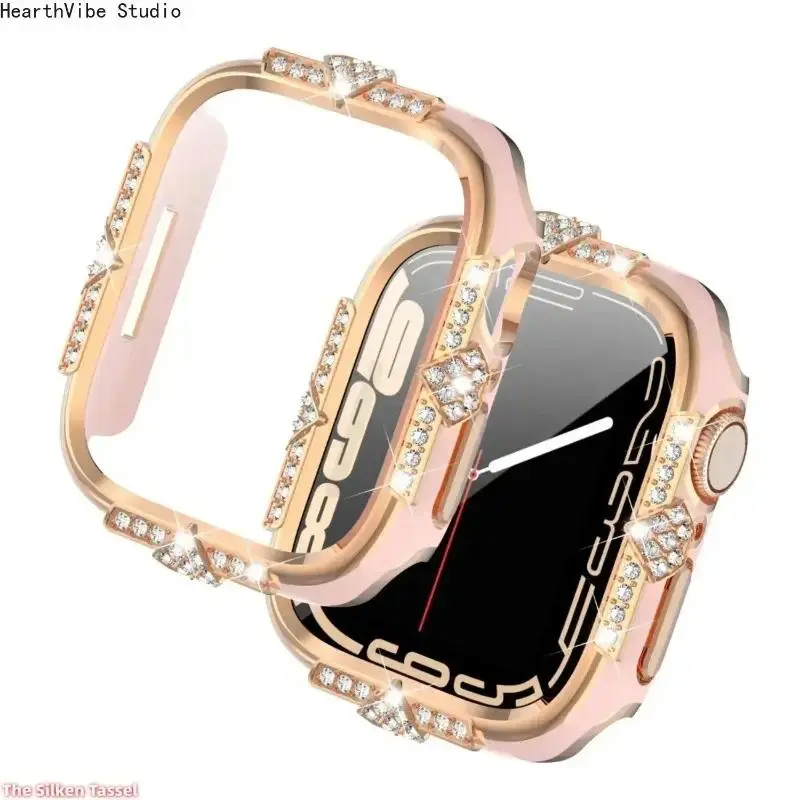 Laser Engraved Rhinestone Case with Glass Screen Protector Compatible with Apple Watch, Two‑Tone Shiny Protective Watch Cover Accessory,sohochic