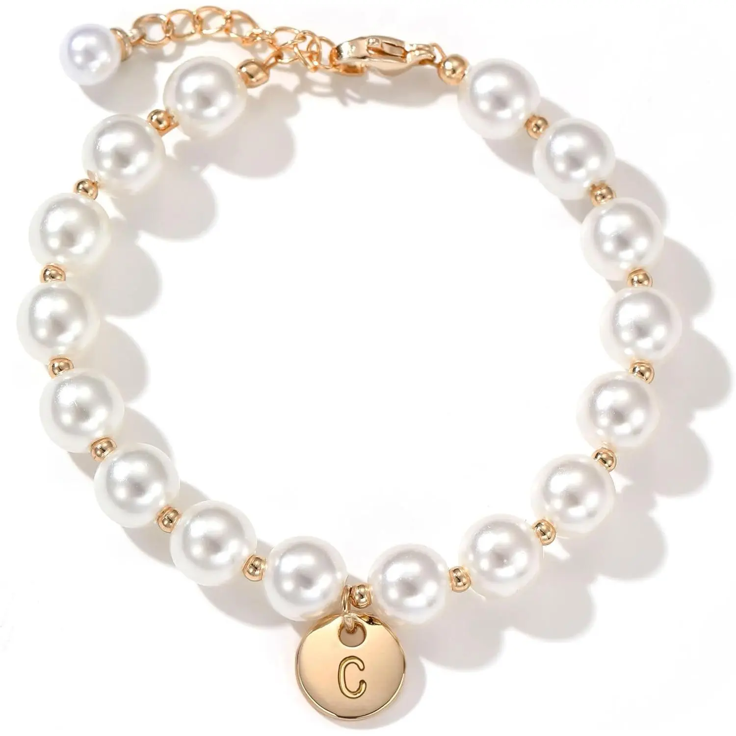 Personalized A-Z Initial Pearl Chain Bracelet for Females - Dainty Gold, Adjustable Size, Hypoallergenic Costume Jewelry, Wedding Gift Ideas for Flower Girls, Birthday Christmas Proposal Party Gifts