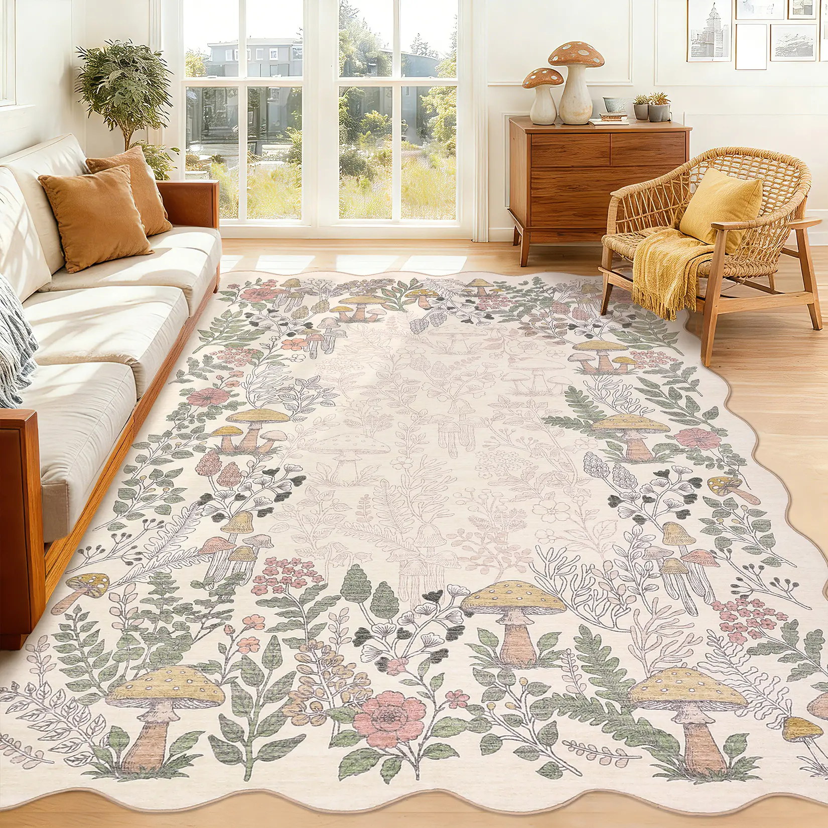 Scalloped Washable Area Rug for Bedroom – Mushroom Pink, Thin Low Pile, Collapsible, Non-Slip, Soft Botanical Modern Farmhouse Carpet, Accent Mat for Living Room, Dining Room, Nursery, Girls