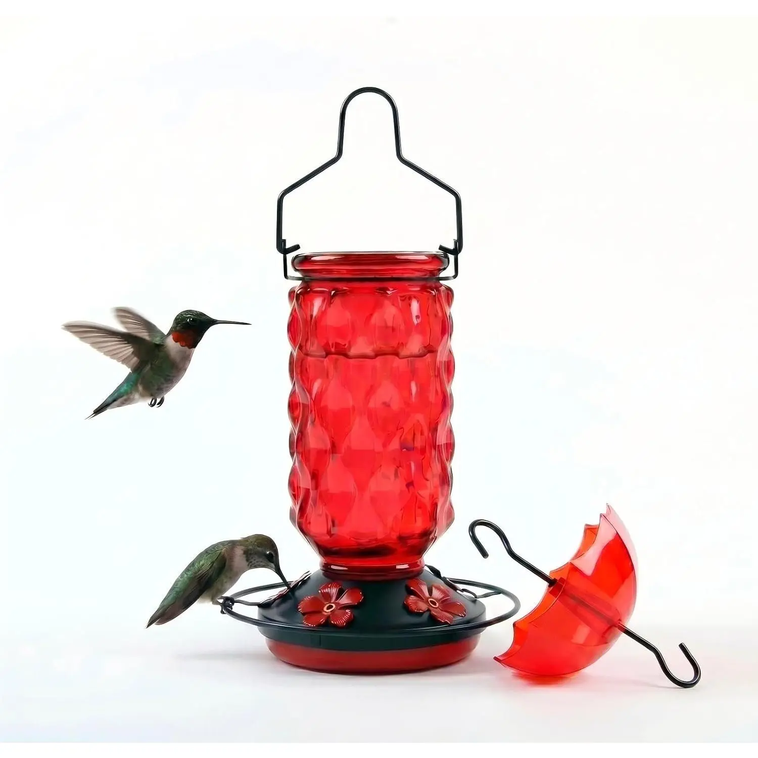 23oz Glass Hummingbird Feeder with Ant Moat Hook Set, Hand Blown Red Glass Bird Feeder for Outdoor Hanging Use, Leak Resistant Design with 5 Feeding Ports and Perch for Garden Decor