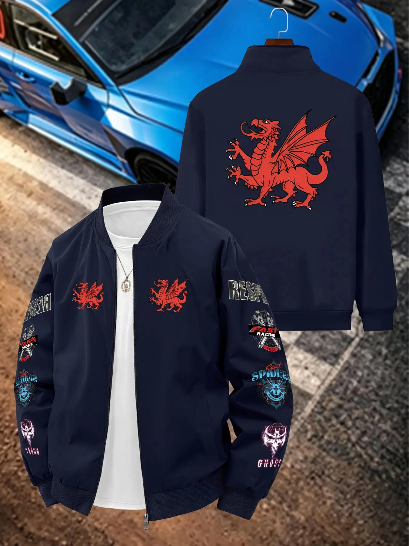 Dragon Print Men's Casual Jacket, Long Sleeve Loose-Fitting Outerwear, Geometric Pattern, All Seasons, H-Type Silhouette