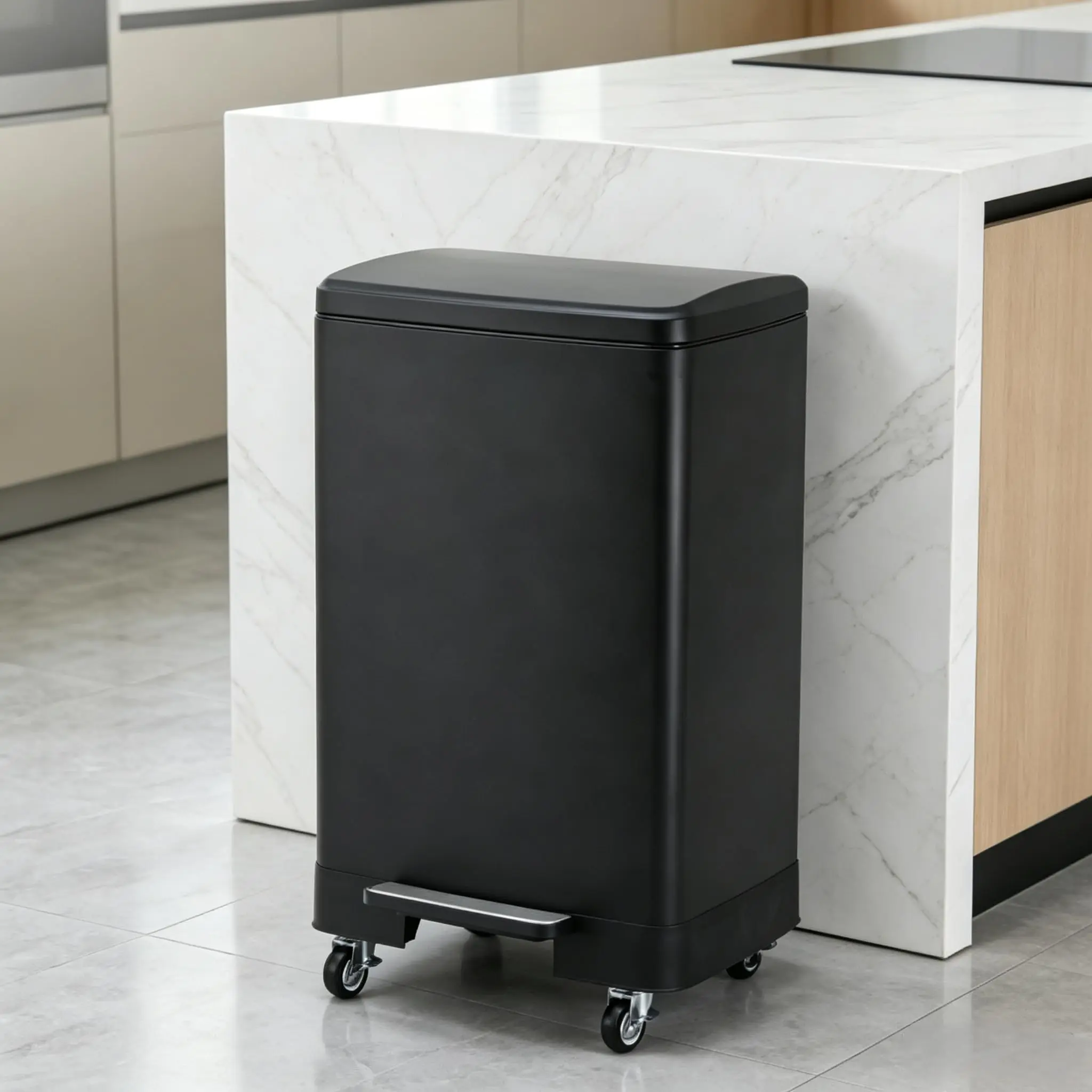 16 Gallon / 60L Step-On Stainless Steel Kitchen Can with Soft Close Lid, Removable Inner Bucket & Wheels, Large Durable Garbage Bin for Home, Kitchen, or Office Use
