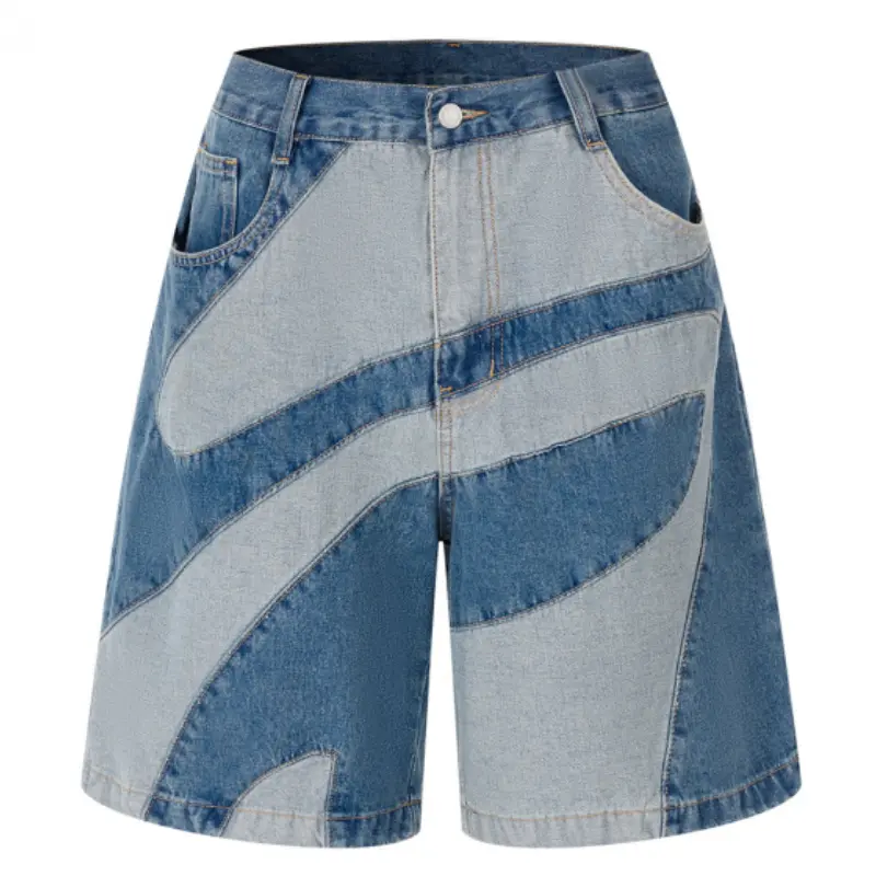 Men's American Vintage Two-Tone Denim Patchwork 5" Shorts, Breathable Durable Cotton Blend, Irregular Deconstructed Diagonal Cut with Contrast Stitching, Classic Button Waist Multi-Pocket Straight Leg Casual Streetwear Jean Shorts Men#SummerWins