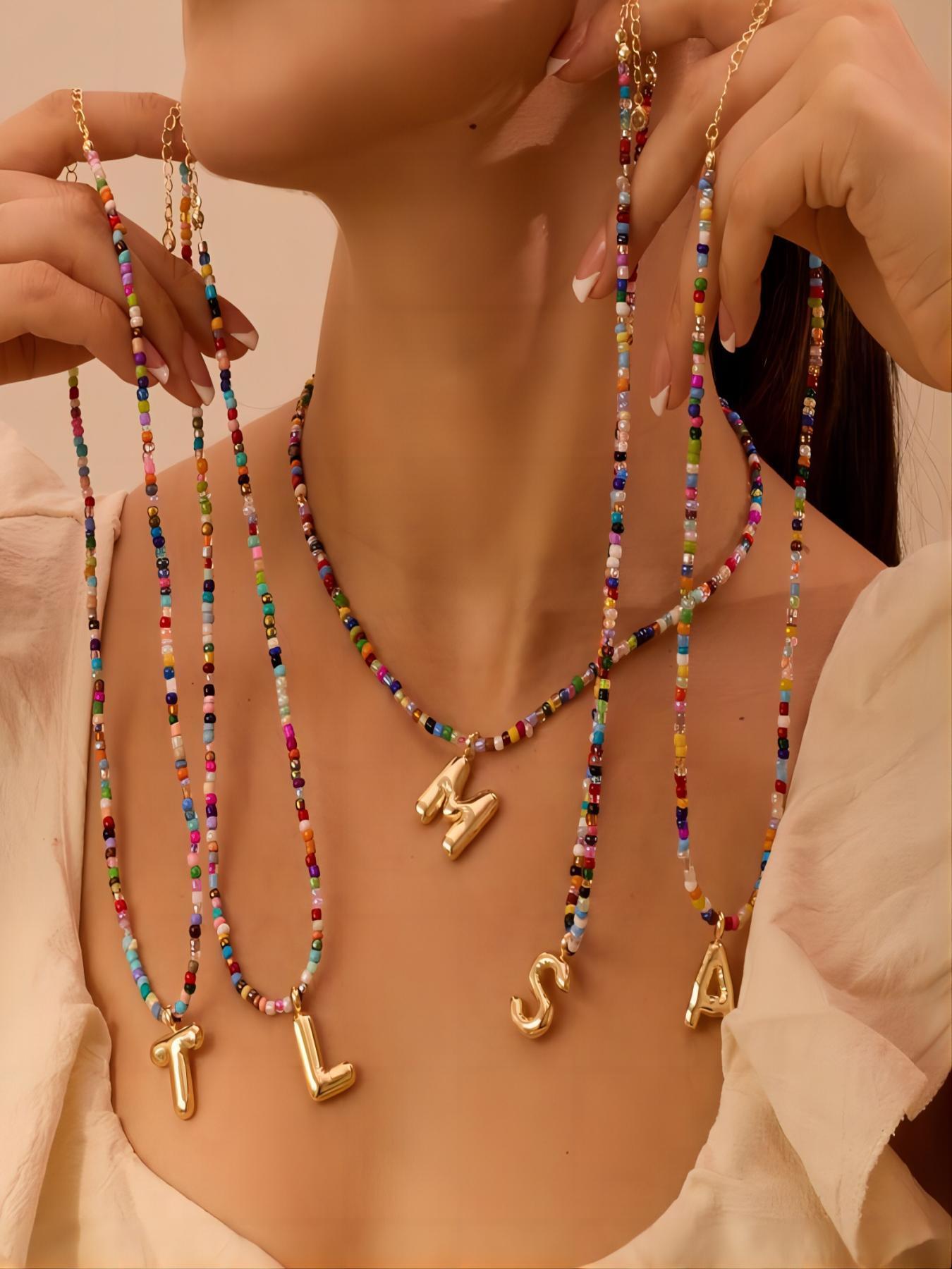 Initial Letter Pendant Beaded Necklace, Fashionable Colorful Beaded Necklace for Women & Girls, Trendy All-match & Exquisite Jewelry for Birthday Gift, Necklace for Daughter