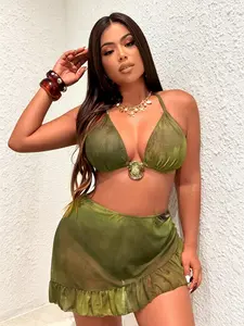 New European Style Women's Plus Size Tie-Dye Halter Bikini Set, Sexy Backless Design with Chest Ring, Perfect for Beach Vacation