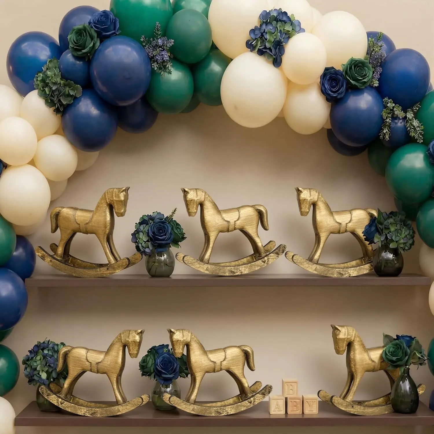 6 Pack Baby Shower Wooden Vintage Rocking Horse Table Decoration for Blue Green Tartan Plaids Party Centerpiece Rocking Horse Decor for Baby Shower Party Wedding Birthday Decor (Brown)